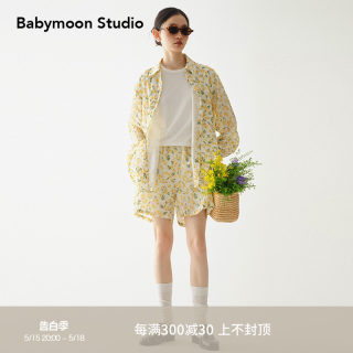 Babymoon 肌理感宽松休闲长袖印花翻领衬衫/短裤套装2024新款女夏