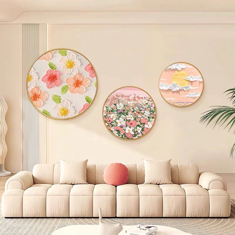 奶油风北欧客厅沙发圆形装饰画玄关壁画餐厅挂画肌理画卧室床头画图片