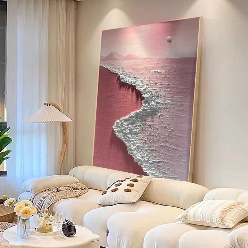 粉色沙滩治愈风景喷绘成品平面画现代客厅卧室装饰画玄关挂画图片