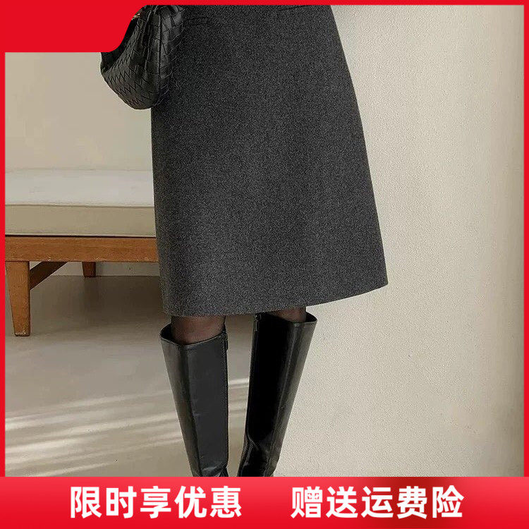 修身百搭毛呢半身裙及膝五分裙