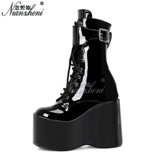13cm女超高跟鞋 感甜酷风欧美风 松糕底短靴亮面皮带扣锁扣绑带时尚