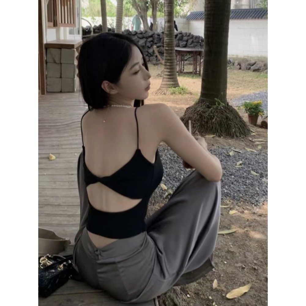 2025露背带胸垫吊带美背心女秋黑色甜辣妹性感纯棉可外穿抹胸上衣