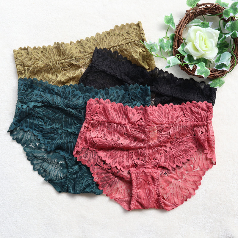 蕾丝花边女内裤中腰性感提臀无痕透气排汗锦氨纶面料底档100%纯棉