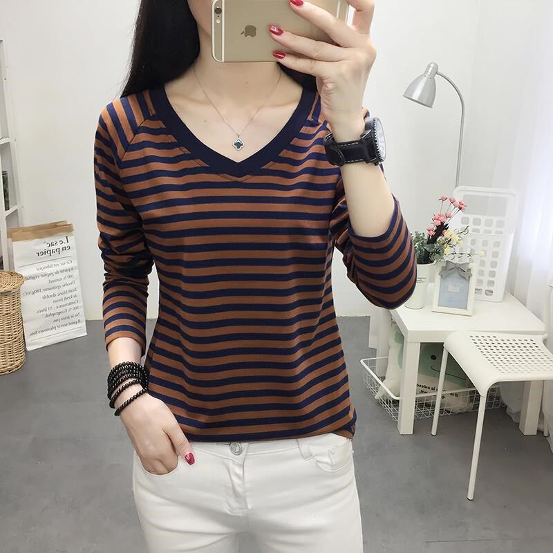 全棉长袖T恤女衫小衫丅桖体裇上衣服贴身休闲秋中款V字领女装条纹|msdalam kategori Butik wanita / wanita, baju-T - dari Buy2taobao.com untuk memberikan perkhidmatan ejen Taobao profesional membeli