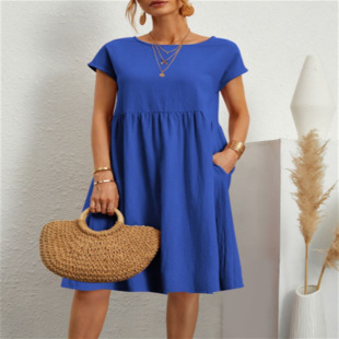 Loose dress women shirt casual neck round cotton Summer