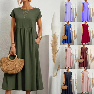 cotton linen dress 连衣裙 waist Loose mid women summer