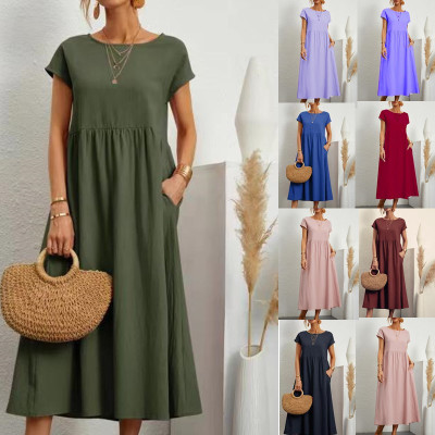 连衣裙 summer Loose cotton linen dress mid waist dress women