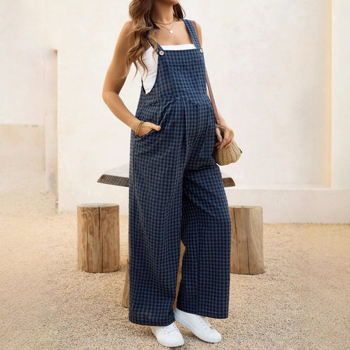 spring summer casual plaid jumpsuit loose maternity pants 裤