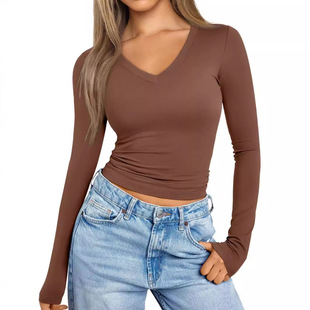 V-neck slim fit autumn/winter long sleeved T-shirt women top