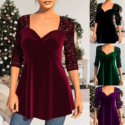 New sequin top with waist cinched collar women's T-shirt上衣