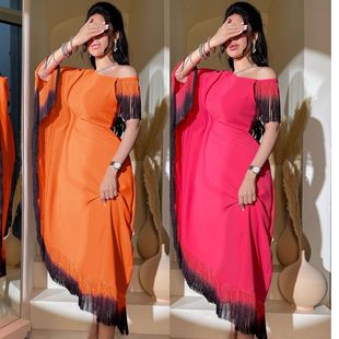 女裙Temperament Pink Women Tassel Slant Shoulder Waist Dress