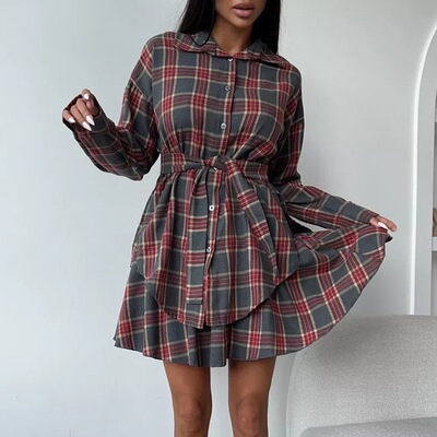 girl Fashion casual skirt set women loose fitting grid shirt