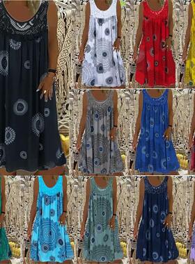 New lace pleated sleeveless dress women's round neck summer