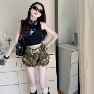 女童爵士舞服装新款韩版露背上衣辣妹走秀潮衣洋气迷彩工装短裤夏
