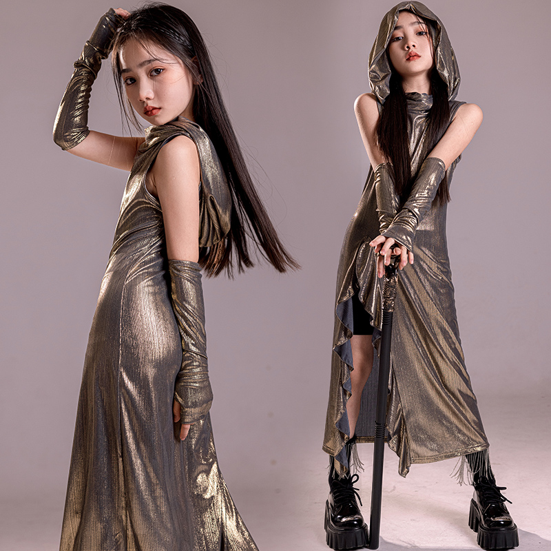 女童爵士舞服裝沙丘廢土風(fēng)亮面長(zhǎng)裙神秘奢華潮酷舞臺(tái)跳舞走秀表演