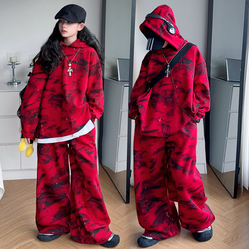 女童爵士舞服装秋冬红色迷彩套装