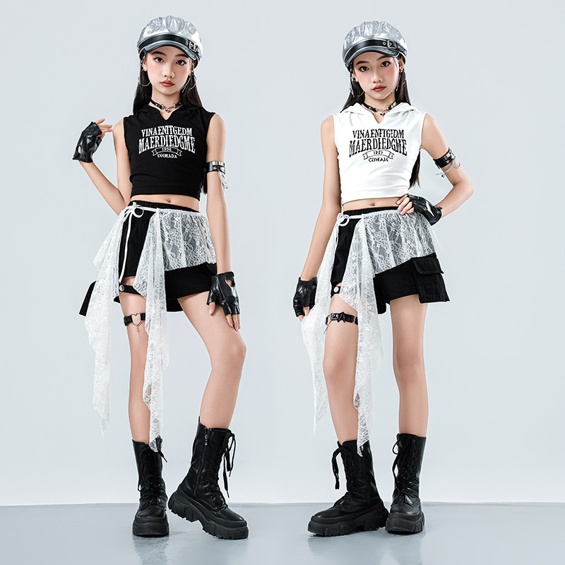 女童爵士舞服装时髦炸街露脐连帽无袖短裤模特走秀潮衣街舞表演服