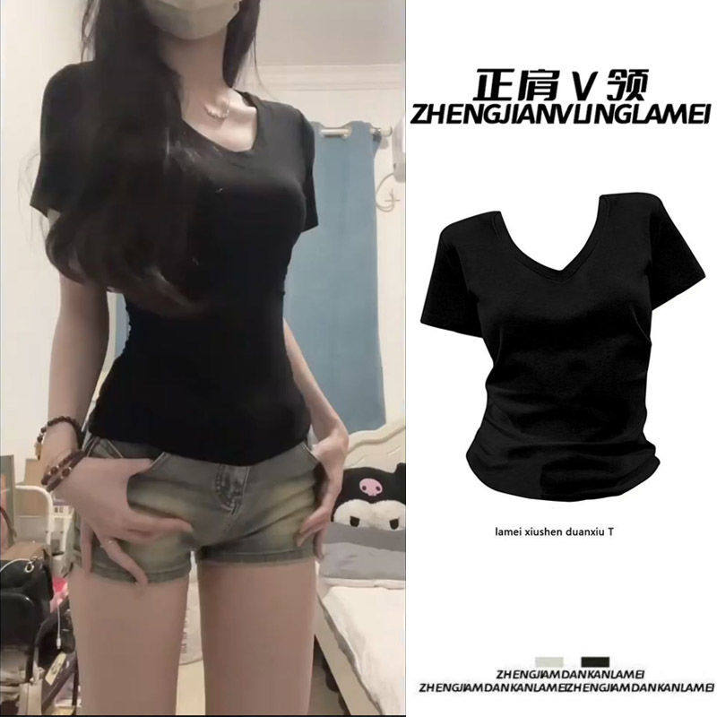 纯欲V领白色正肩冰丝短袖T恤女生夏季款修身收腰紧身辣妹别致上衣