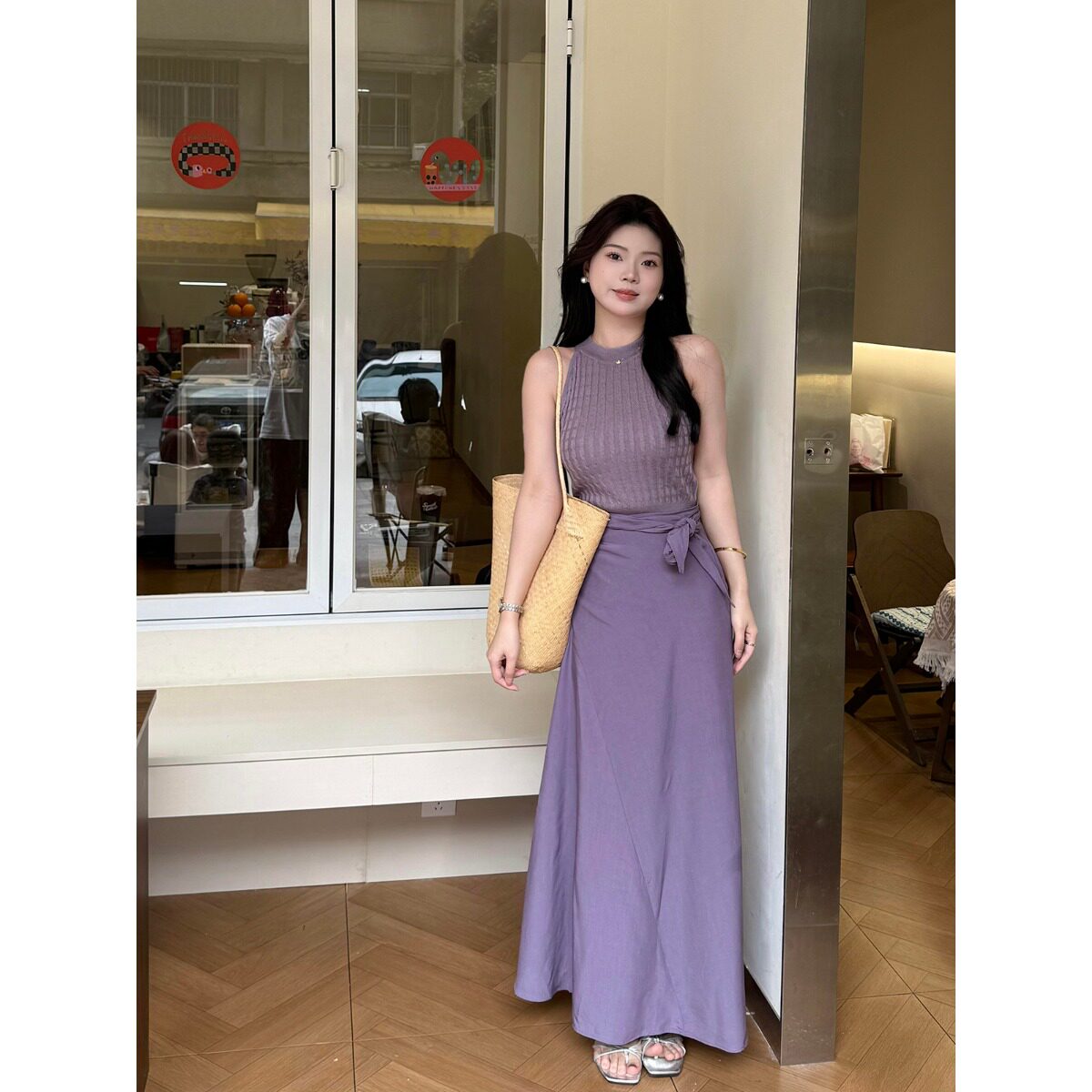 无袖挂脖紫色针织上衣半身裙套装女夏背心T恤高腰包臀A字裙两件套