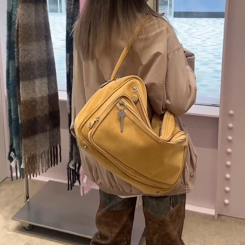 2025新款复古百搭磨砂麂皮绒单肩包多口袋单肩包大容量腋下手提包