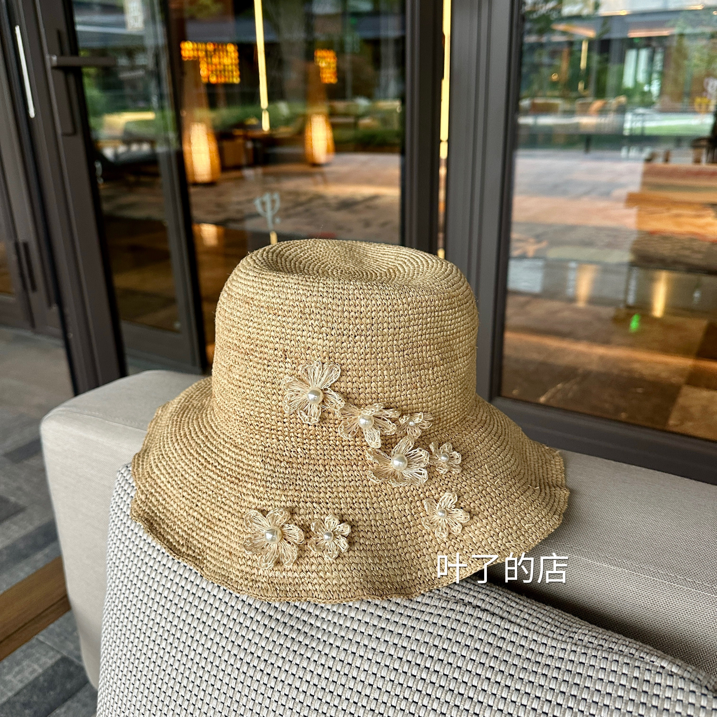 拉菲草帽!手工珍珠花朵遮阳太阳帽天然草编帽子女海边防晒可折叠