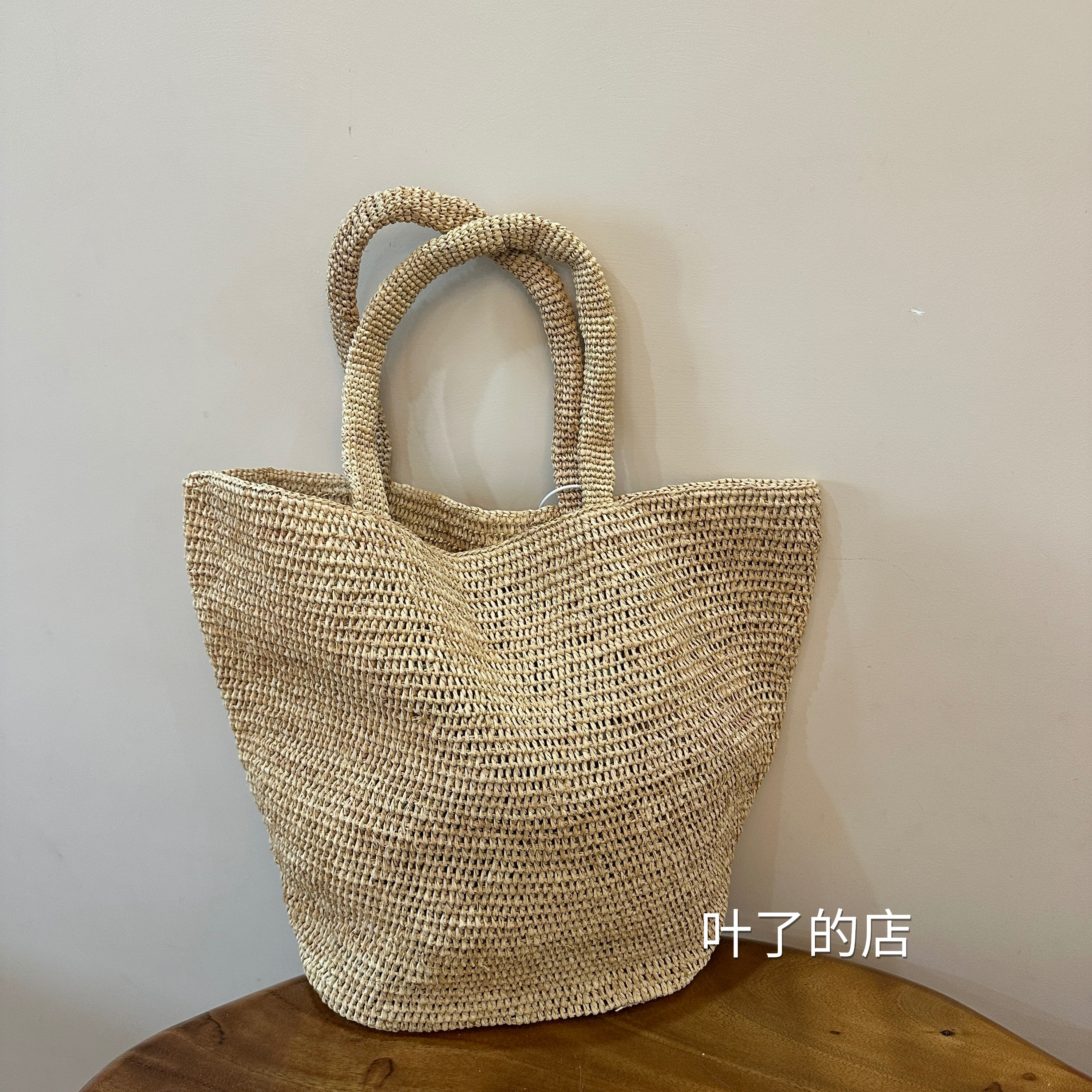拉菲草编织包包纯色菜篮子简约女夏沙滩出游单肩手提包复古ins风