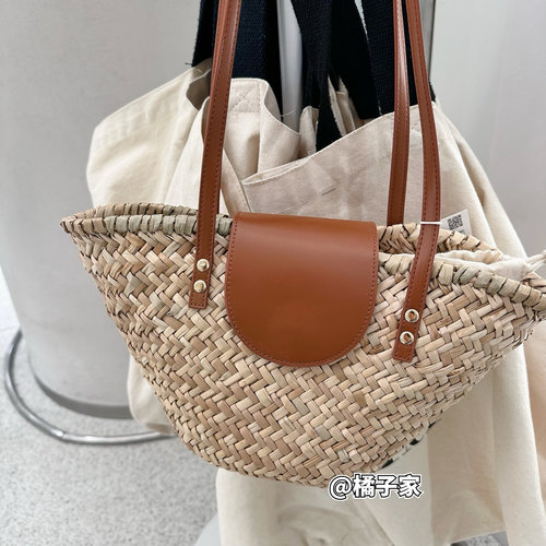 现货26夏编织单肩包成人女儿童包女童拼色菜篮手提包休闲百搭包