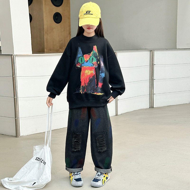 女童春秋套装2025新款儿童洋气时髦中大童卡通卫衣牛仔破洞