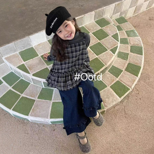 女童韩版时尚套装2025秋季新款上衣两件套格子百搭直筒牛仔裤