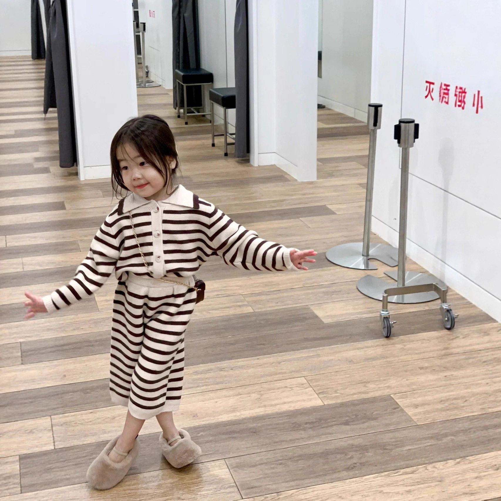 韩国童装女童春气质翻领条纹polo针织衫上衣+阔腿九分裤毛线套装