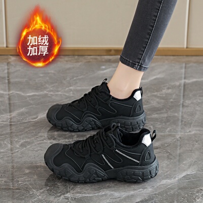 加绒运动鞋女户外旅游登山鞋2025新款黑色阿甘女鞋真皮防水防滑冬