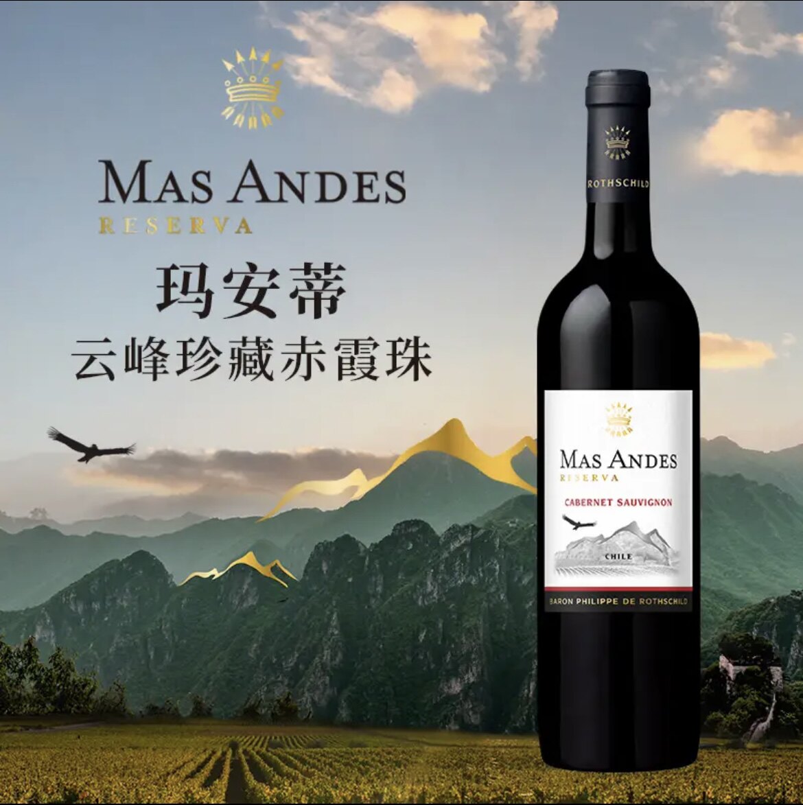 进口红酒MAS ANDES罗斯柴尔德玛安蒂云峰珍藏赤霞珠红葡萄酒