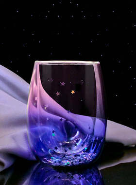 贝璃 玻璃杯小仙女水杯 彩色星空双层杯子圆形大肚水晶杯胖矮圆口