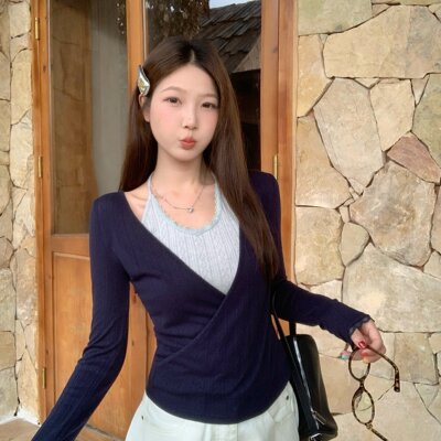 实拍 大码秋季新款韩系设计感V领挂脖假两件长袖T恤修身显瘦上衣