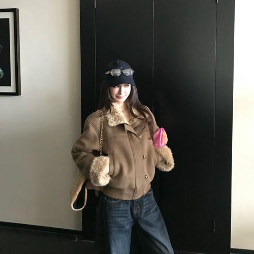 Skk Store 伦敦少女 中古麂皮烫金复古皮毛一体环保毛毛夹克外套