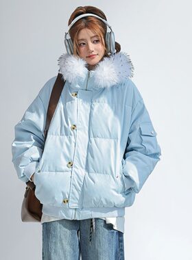 情侣新款连帽毛领羽绒棉服女款冬季小个子面包服宽松大码厚外套