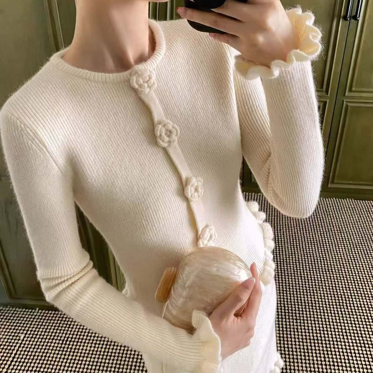 XXNING 法式花朵木耳花边针织套装女显瘦上衣百搭半身短裙两件套图片