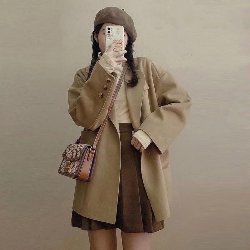 高级感卡其色呢子大衣2025秋冬装新款韩版小个子毛呢外套女短款潮