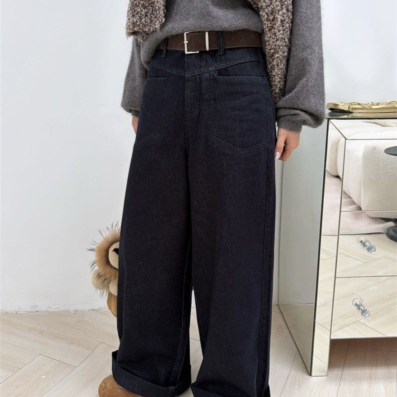 ICC 冬季加绒复古普洗蓝高腰阔腿裤牛仔裤女冬季新款十三行1521A