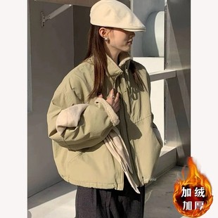 潮休闲宽松棉服短外套 韩版 加绒羊羔毛短款 派克服女小个子2024冬季