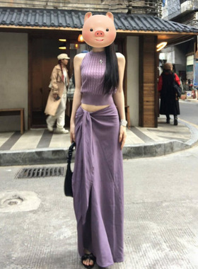 紫色无袖背心连衣裙子女装夏季2026新款爆款夏日绝美穿搭套装长裙