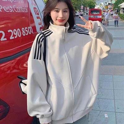 2025美式复古棒运动球服立领卫衣开衫外套女早秋百搭宽松显瘦卫衣