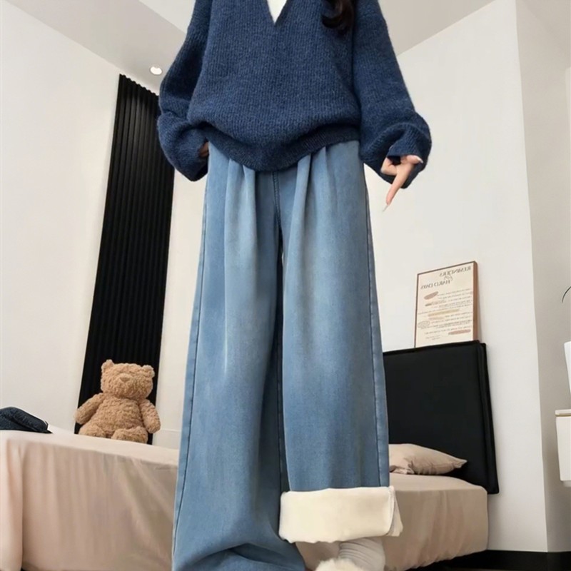 300斤加绒牛仔裤女秋冬新款棉裤大码胖mm显瘦梨形身材直筒阔腿裤