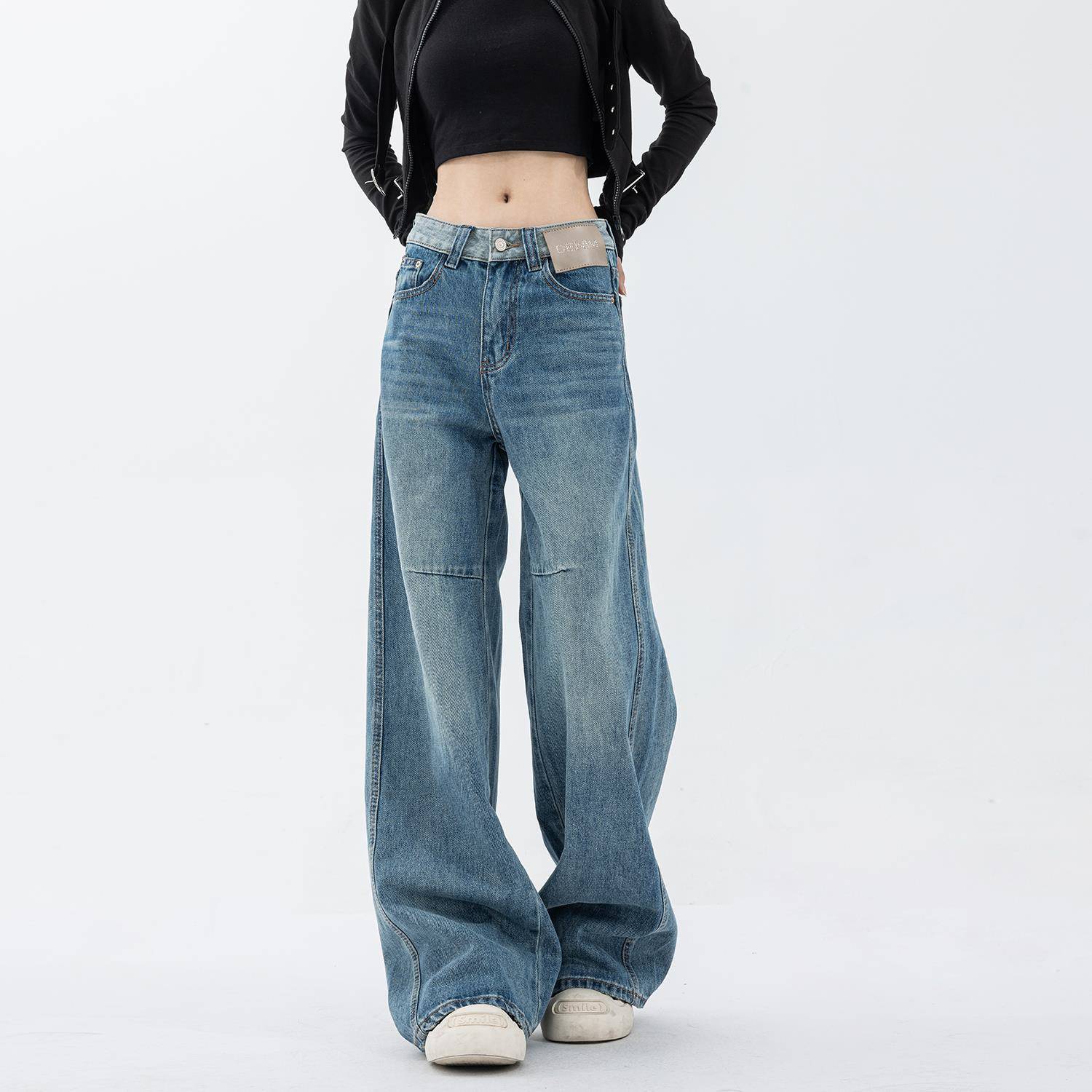 覆古蓝色阔腿牛仔裤女夏季高腰拖地直筒裤拼接设计感裤子