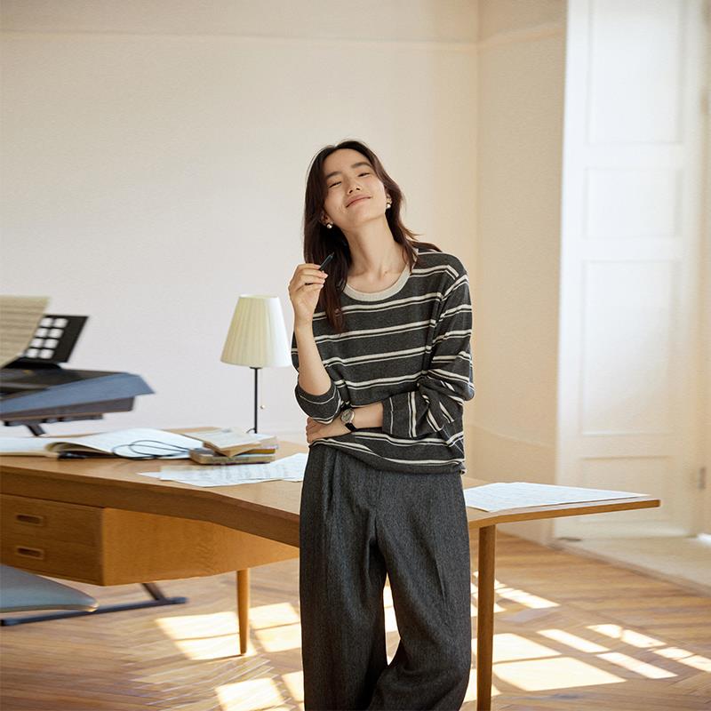 山屿牧玛2024早秋新款条纹针织衫亚麻毛衫长袖上衣打底衫圆领T恤