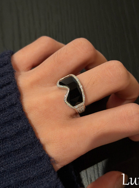 S925纯银冷淡风黑曜石滑雪镜戒指