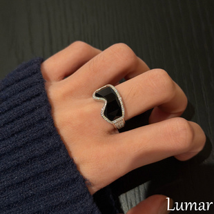 S925纯银冷淡风黑曜石滑雪镜戒指女轻奢小众设计不规则闪钻食指戒