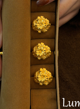 S925纯银古法黄金色绣花球戒指女