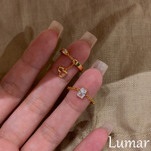 S925纯银金色葫芦链条方钻戒指女2025新款爆款小众设计叠戴食指戒