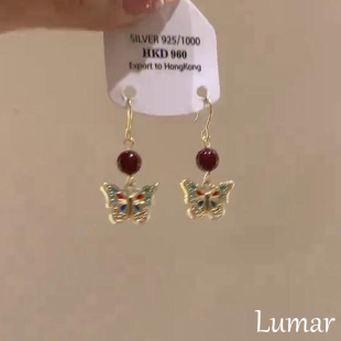 彩色红玛瑙蝴蝶耳环复古国风配饰高级感气质耳钩女 S925纯银新中式